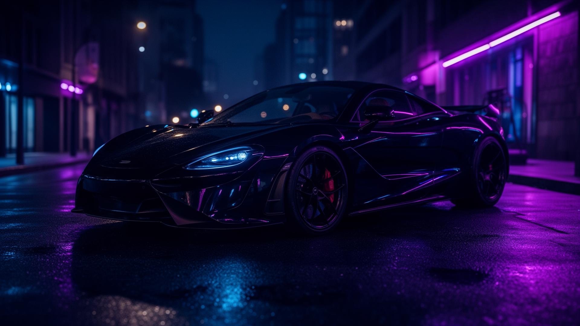 Sports car under indigo neon lights at night