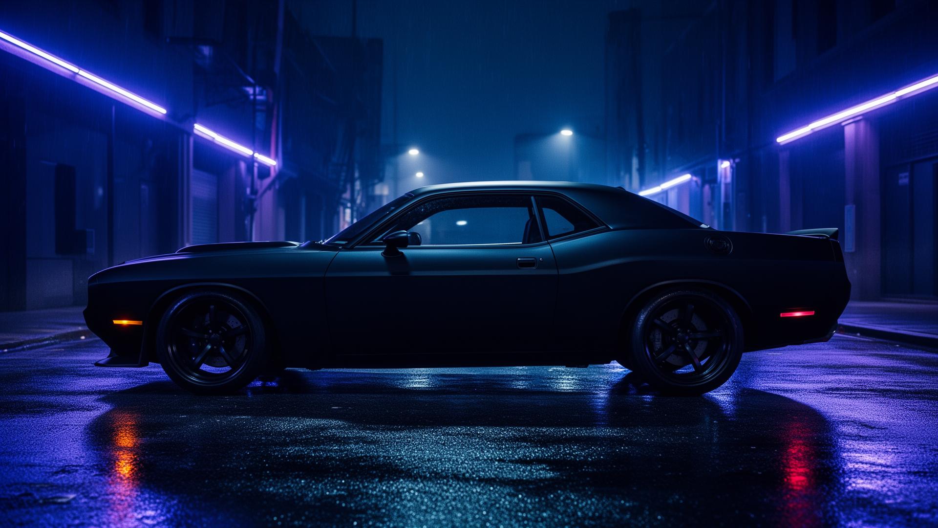 Blacked out muscle car at night